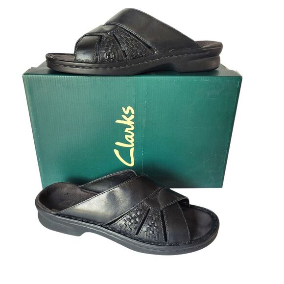 Clarks Susan SZ 9M Woven Black Leather Sandal Open Toe #34721 Flat Comfort - Picture 1 of 9